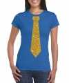 Toppers blauw fun t-shirt stropdas in glitter goud dames